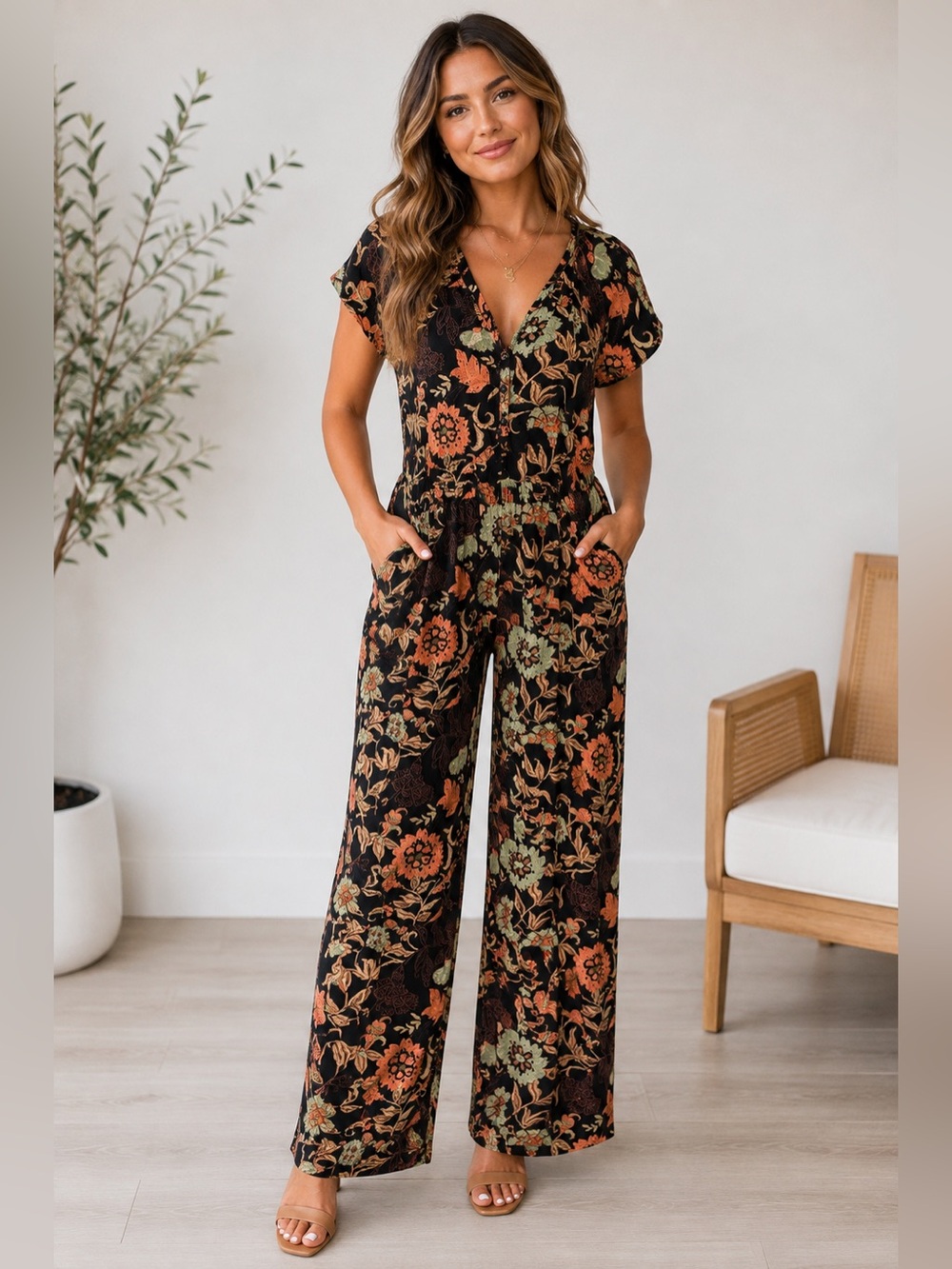 Roller Rabbit Women's Black Floral Print V-Neck Short Sleeve Jumpsuit size small